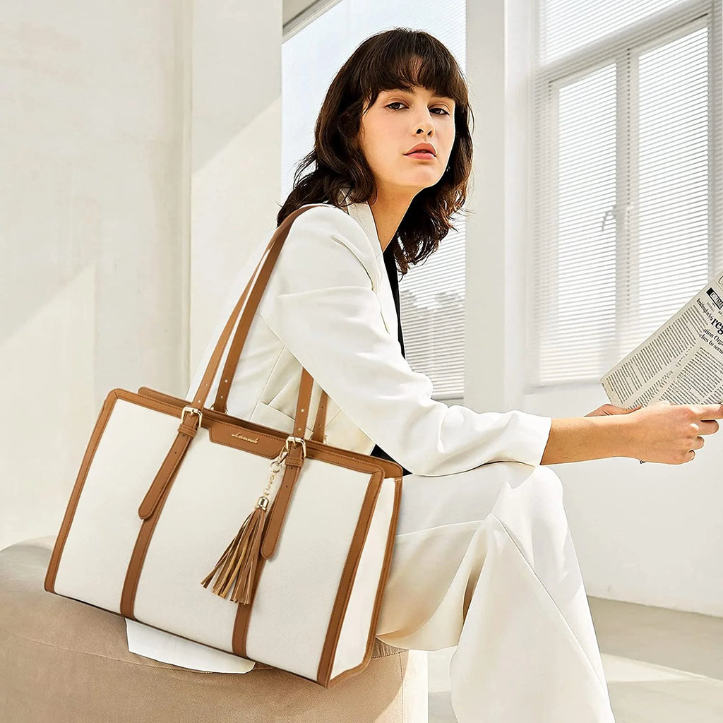 15.6 inch Canvas Laptop Tote Bag with Clutch Purse R114568