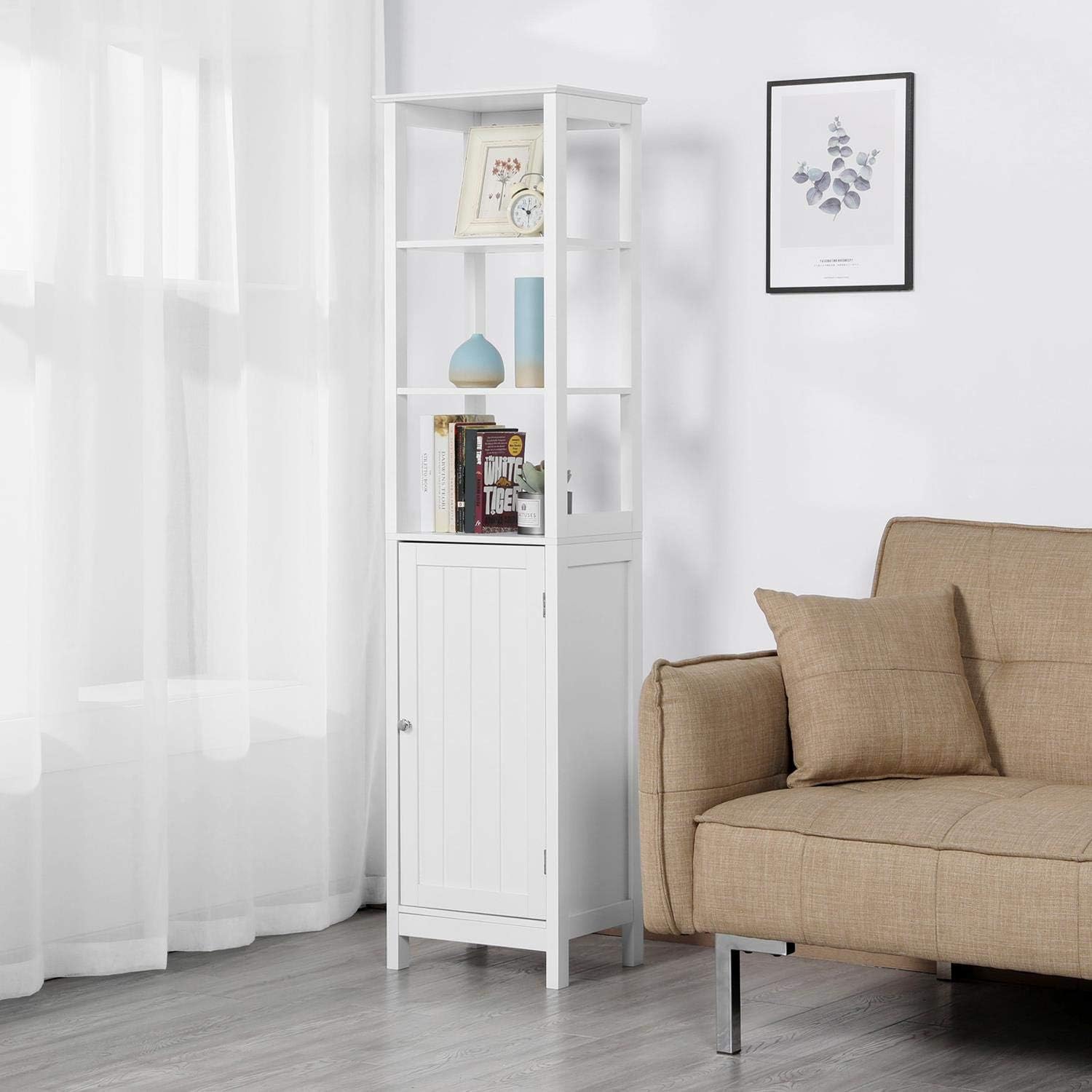 White 63 in Wooden Bathroom Floor Cabinet with 3 Tier Shelves V659