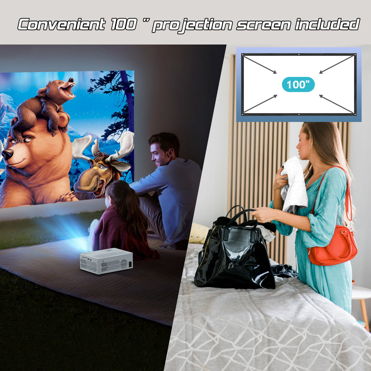 4K Supported Native 1080P Video Projector with 100" Screen R347