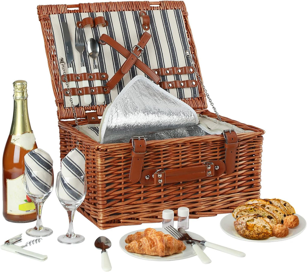 Wicker Picnic Basket Set with Insulated Cooler Bag and Cutlery Service Kit V663