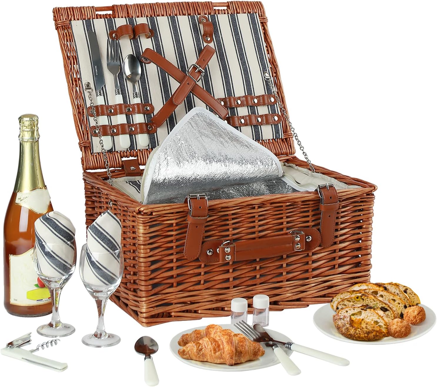 Wicker Picnic Basket Set with Insulated Cooler Bag and Cutlery Service Kit V663