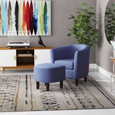 Blue Linen Barrel Chair and Ottoman R6901