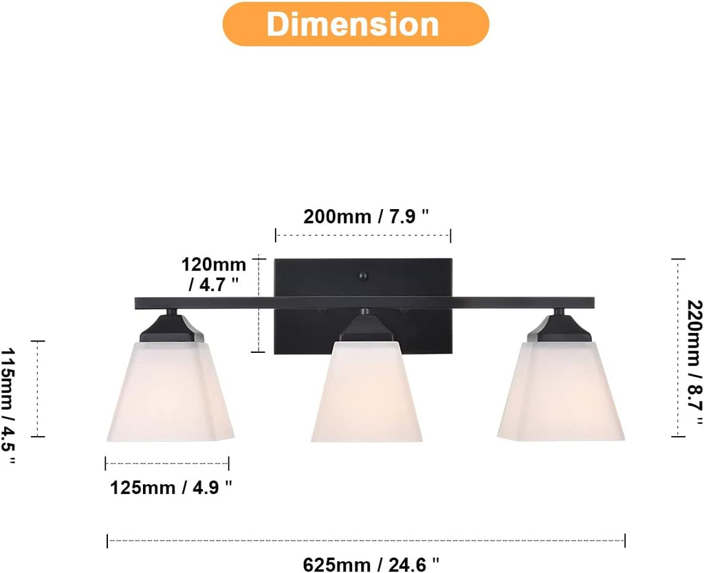3 Light Black Bathroom Vanity Light Fixture with Opal White Glass Shade H6042