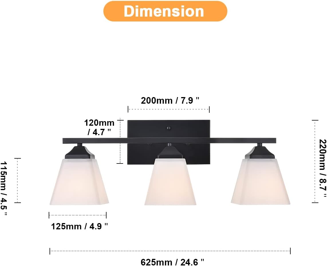 3 Light Black Bathroom Vanity Light Fixture with Opal White Glass Shade H6042