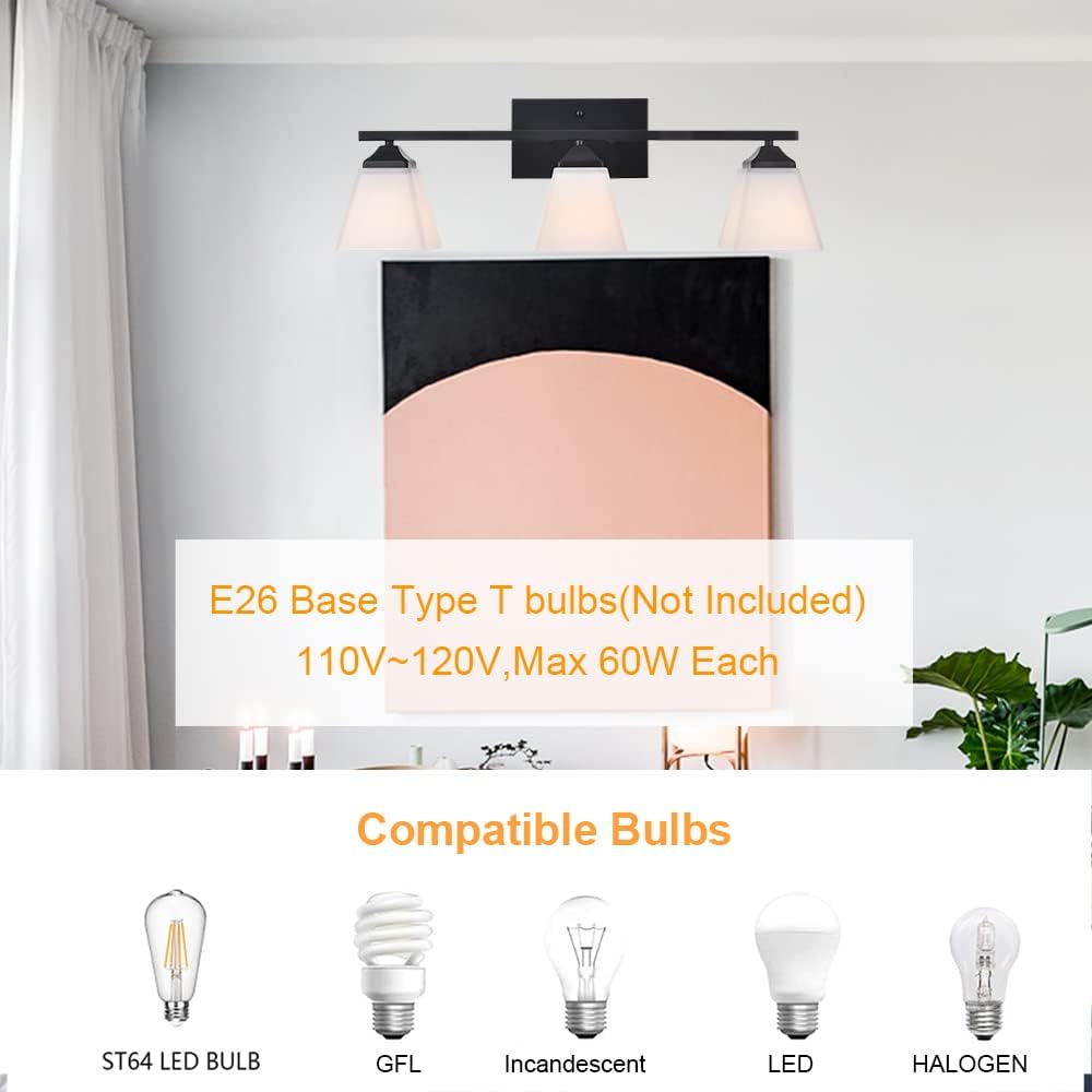 3 Light Black Bathroom Vanity Light Fixture with Opal White Glass Shade H6042