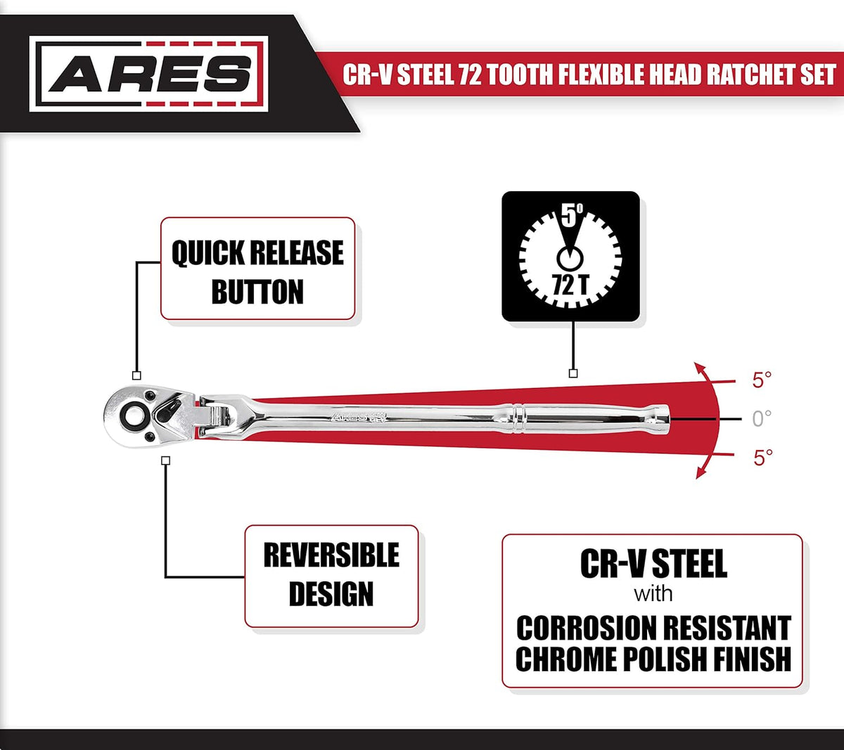 4-Piece 72-Tooth Flex Head Ratchet Set Chrome Vanadium Steel E679361