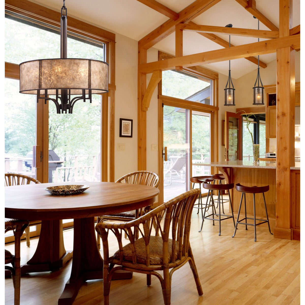 3-Light Semi-Flush in Aged Bronze & Tan Mica Shade S721