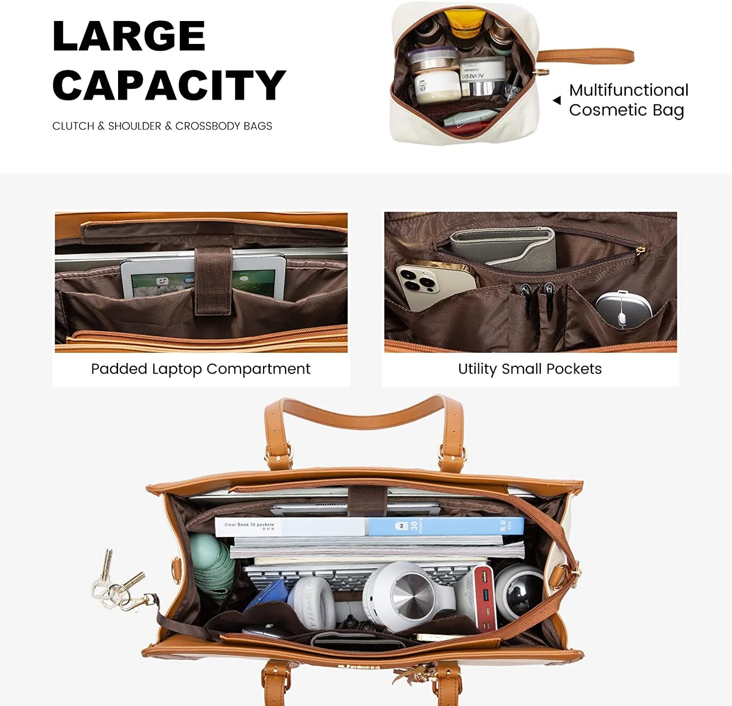 15.6 inch Canvas Laptop Tote Bag with Clutch Purse R114568