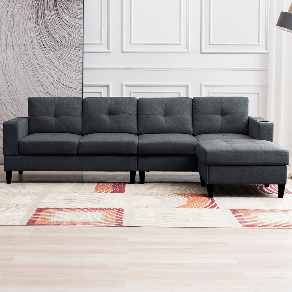 Reversible 4 Seat L-Shape Sectional Sofa with 2 Cup Holders, Dark Grey R586908