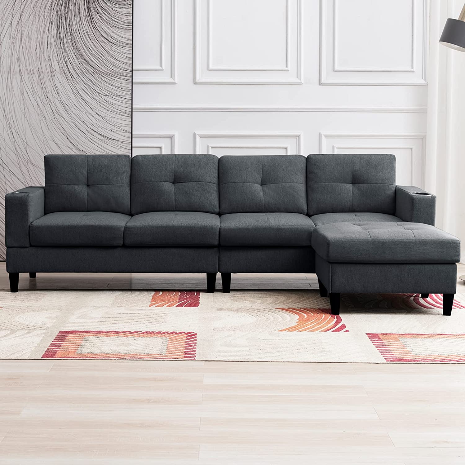 Reversible 4 Seat L-Shape Sectional Sofa with 2 Cup Holders, Dark Grey R586908