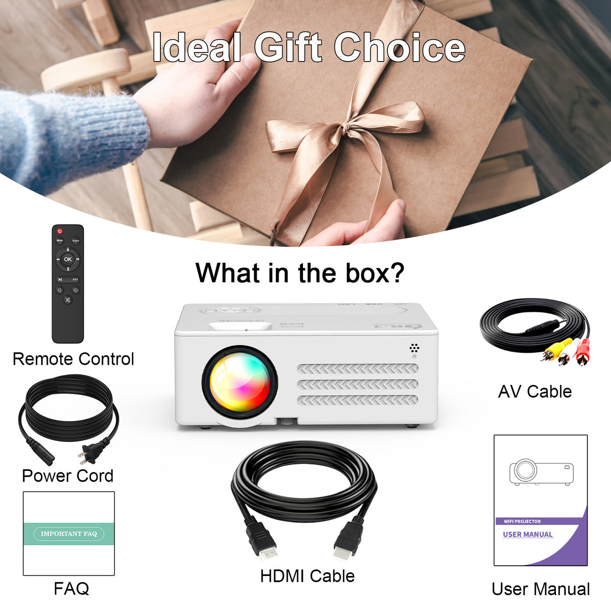 4K Supported Native 1080P Video Projector with 100" Screen R347