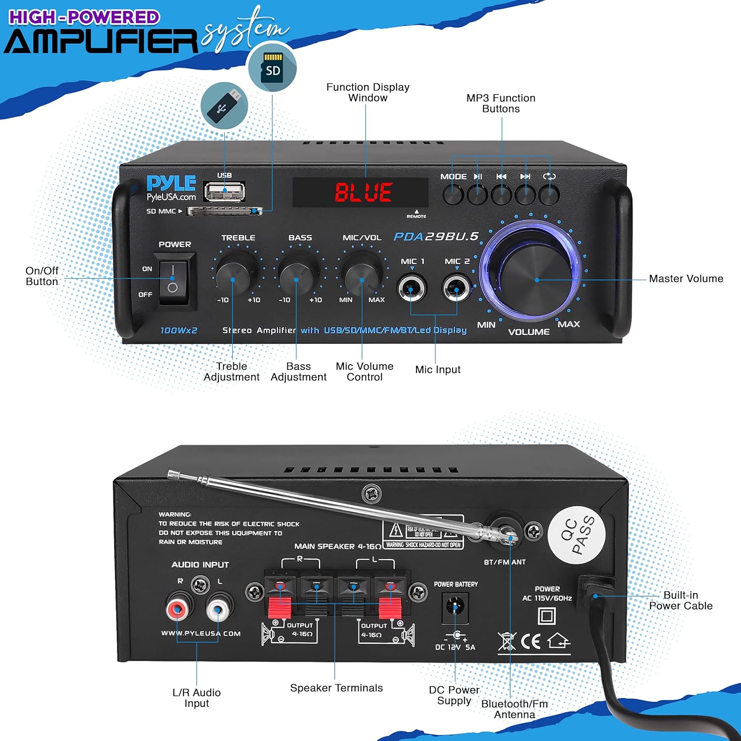 200W 2 Channel Bluetooth Stereo Power Amplifier with FM Radio, Pack of 2 V209
