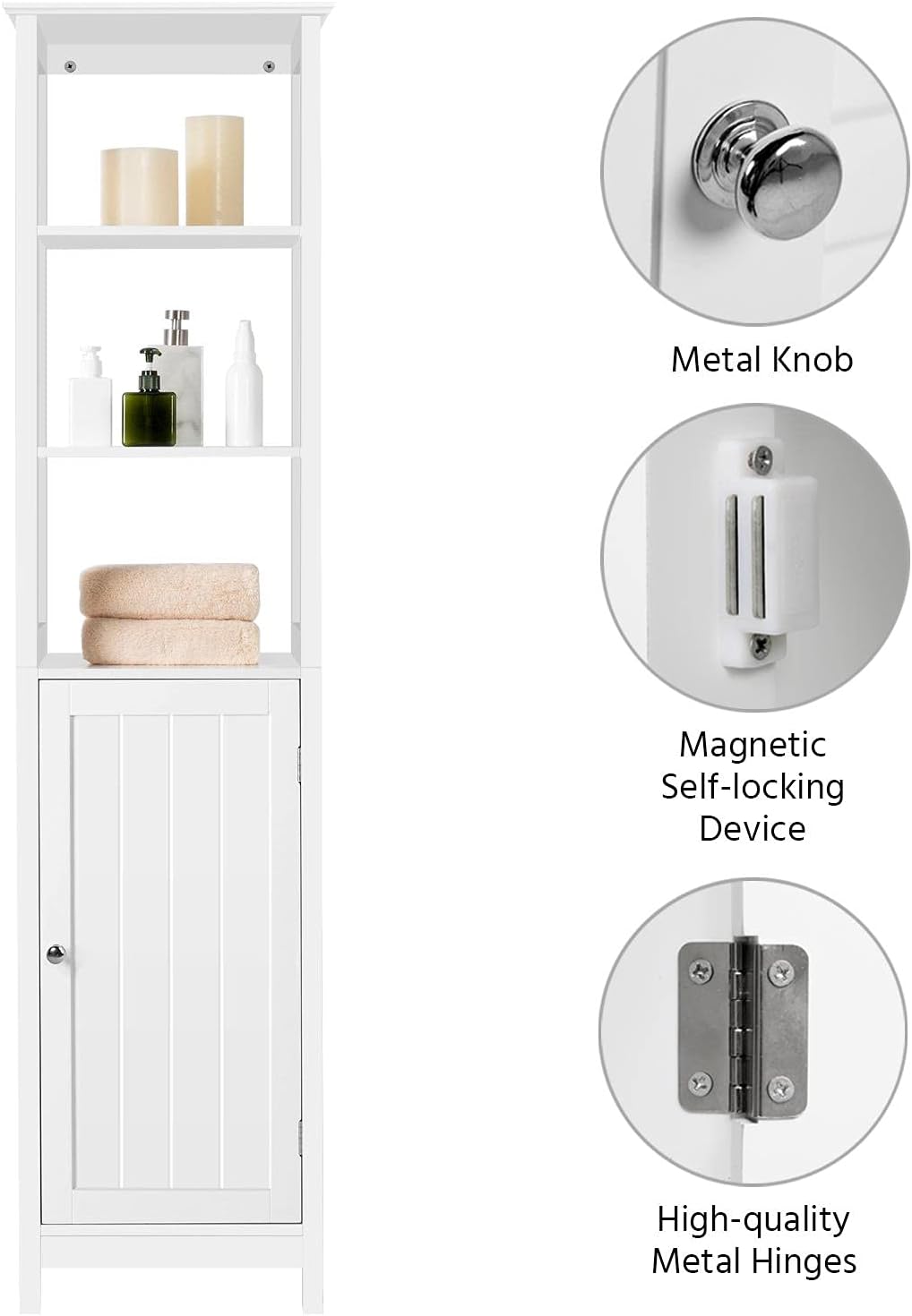 White 63 in Wooden Bathroom Floor Cabinet with 3 Tier Shelves V659