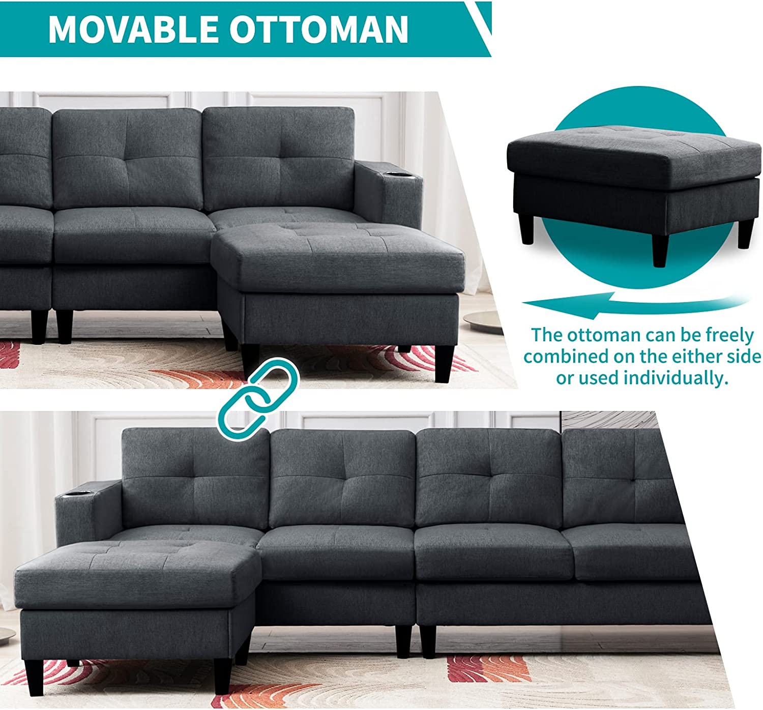 Reversible 4 Seat L-Shape Sectional Sofa with 2 Cup Holders, Dark Grey R586908