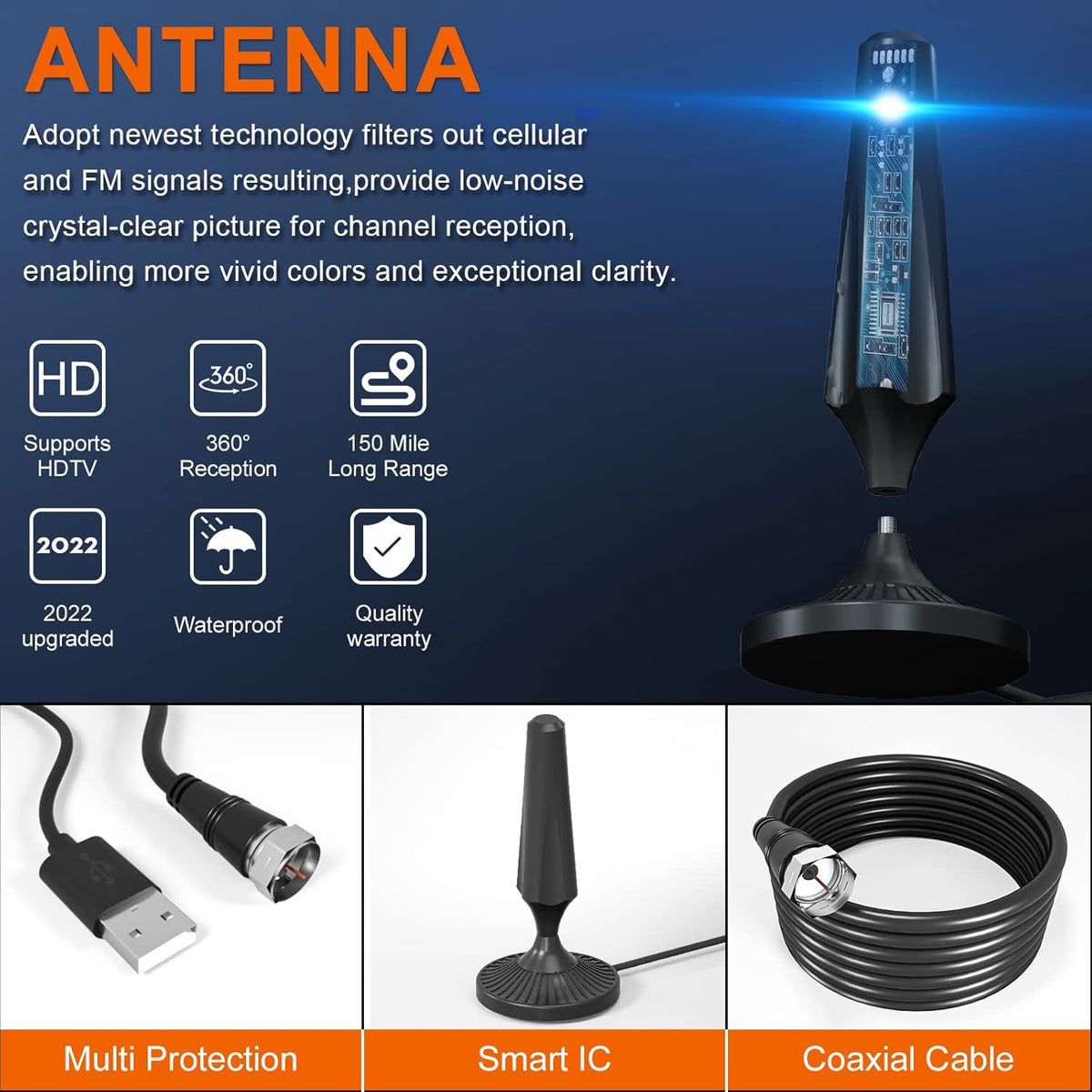 Indoor Amplified HDTV Antenna 300 Miles 4K 1080P UHF VHF FM with 13.4ft Coax Cable K913543