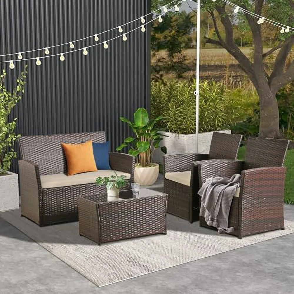 Gray Wicker 4 Pieces Sectional Sofa Set with Table and Loveseat J86121