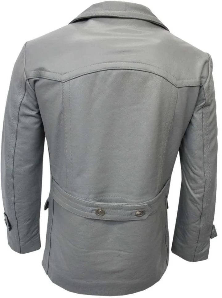 Grey Leather Pea Coat Blazer I62871