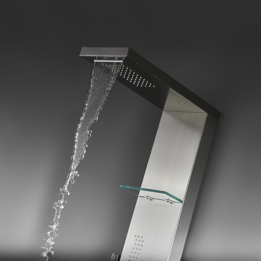 Brushed Nickle Stainless Steel Shower Panel Tower System with Rainfall Shower Head, 4 Body Jets, Waterfall Tub Spout A226