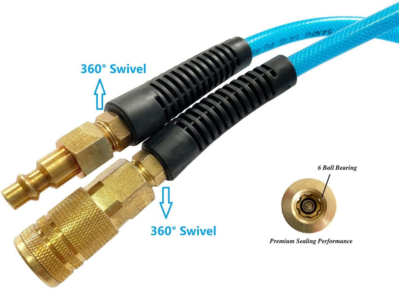 Transparent Blue 100ft Polyurethane Air Hose with 1/4" Swivel MNPT Solid Brass Quick Coupler and Plug, Pack of 2 Q5945