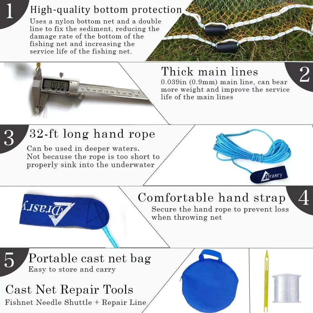 Fishing Cast Net 3/8 Mesh 4ft Bait Trap J90026