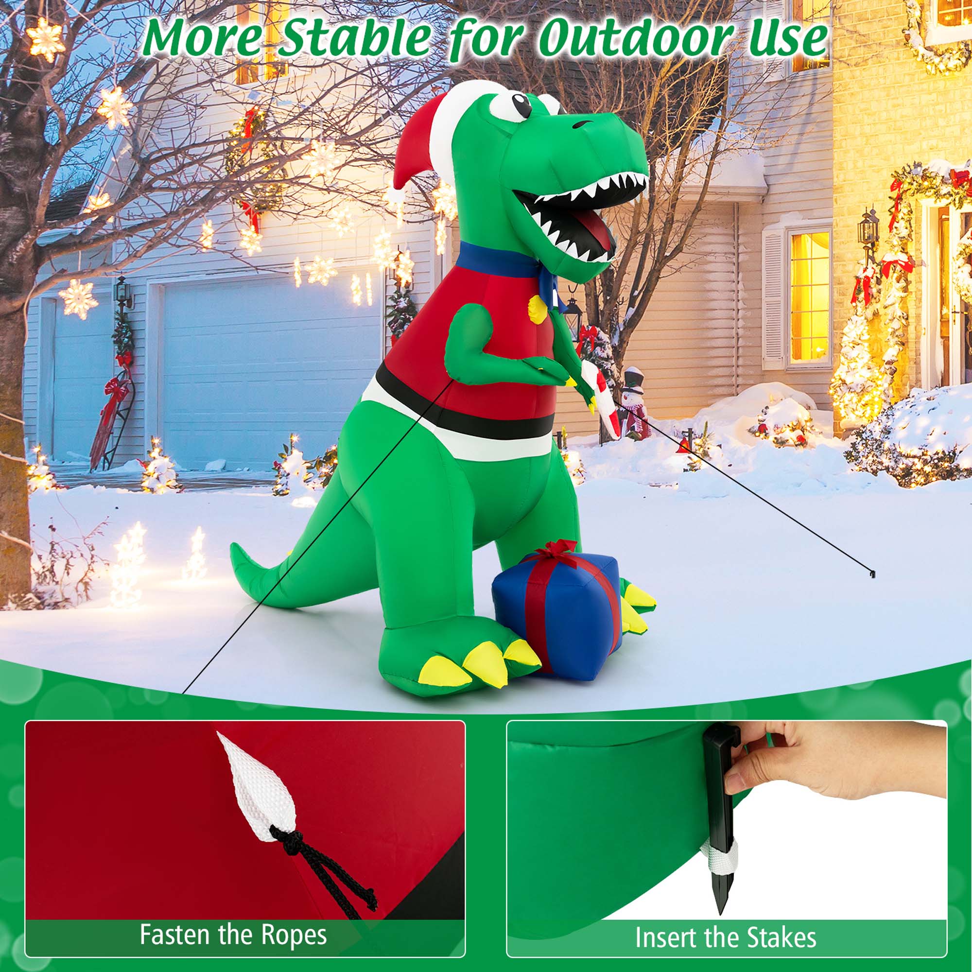 6FT Inflatable Christmas Dinosaur Decoration with LED Lights & Gift Box M74534