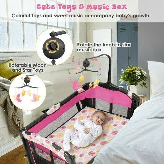 Pink Convertible Portable Baby Playard with Music Box Wheel and Brakes C84357