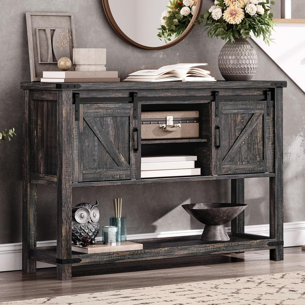 Vintage Gray Farmhouse Console Table with Sliding Barn Doors T17327