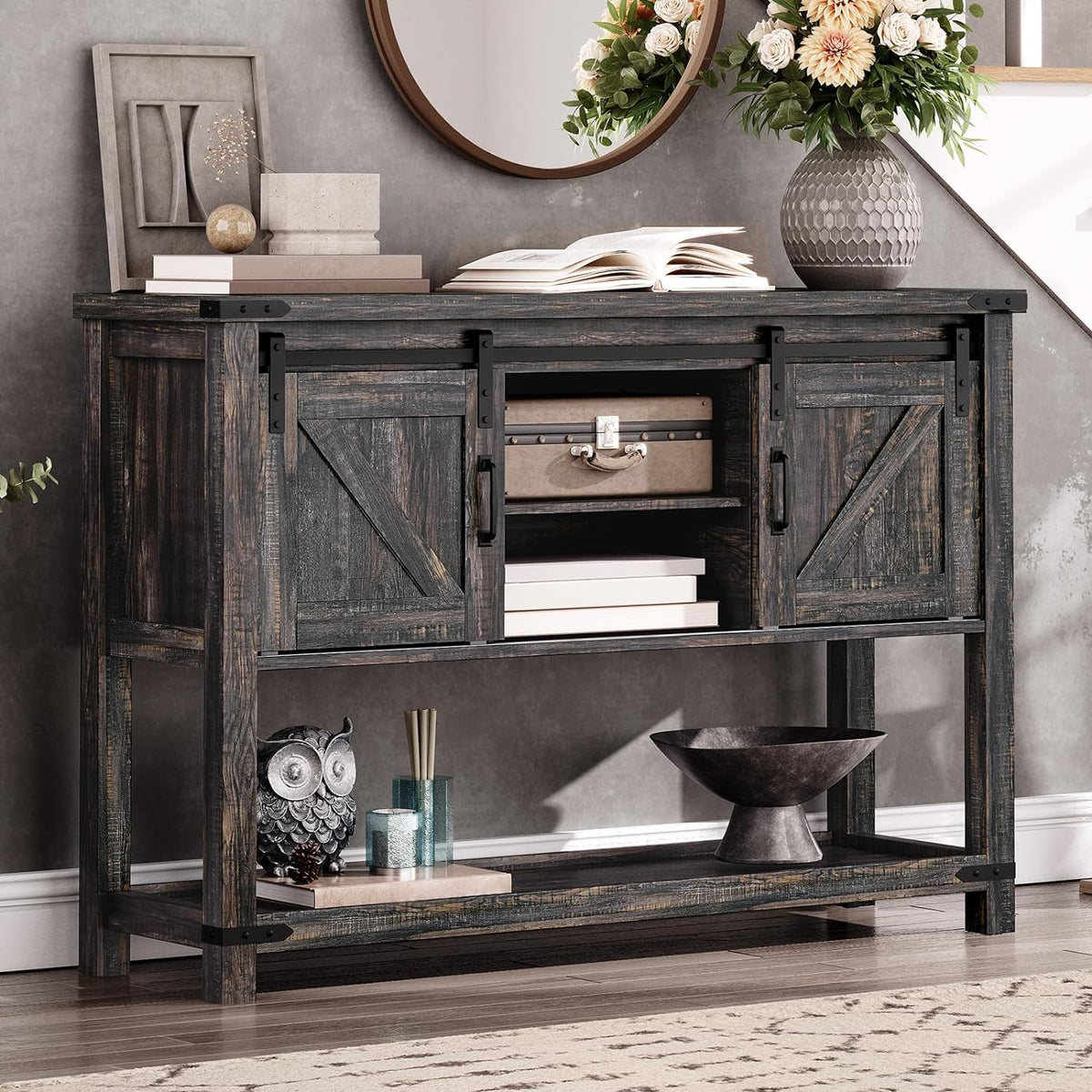 Vintage Gray Farmhouse Console Table with Sliding Barn Doors T17327