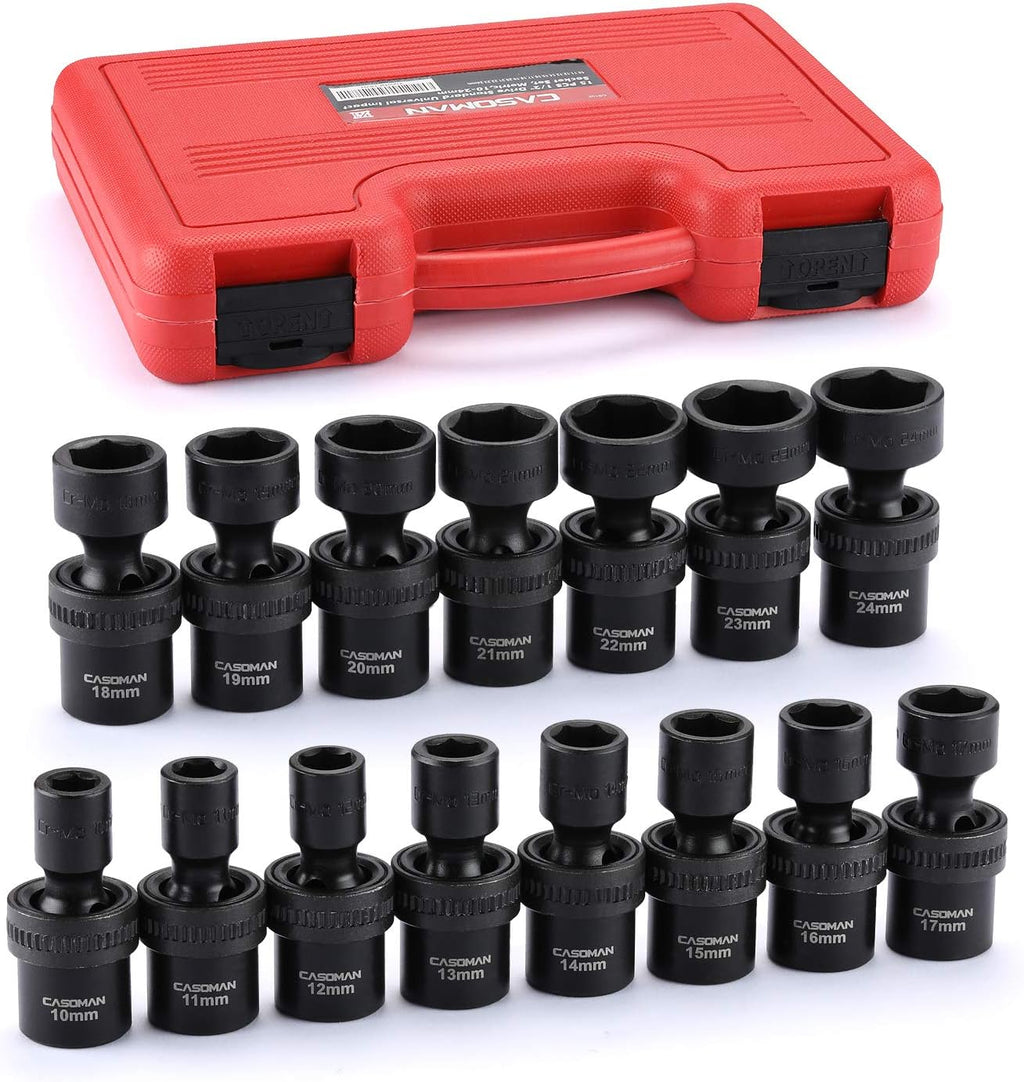 15 PCS 1/2 Drive Shallow Universal Impact Socket Set, 6 Point, Metric, 10-24mm P73239