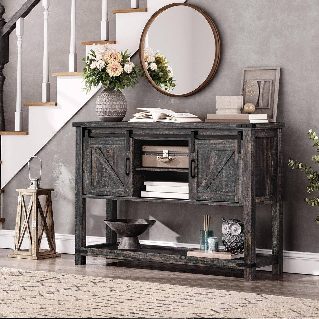Vintage Gray Farmhouse Console Table with Sliding Barn Doors T17327