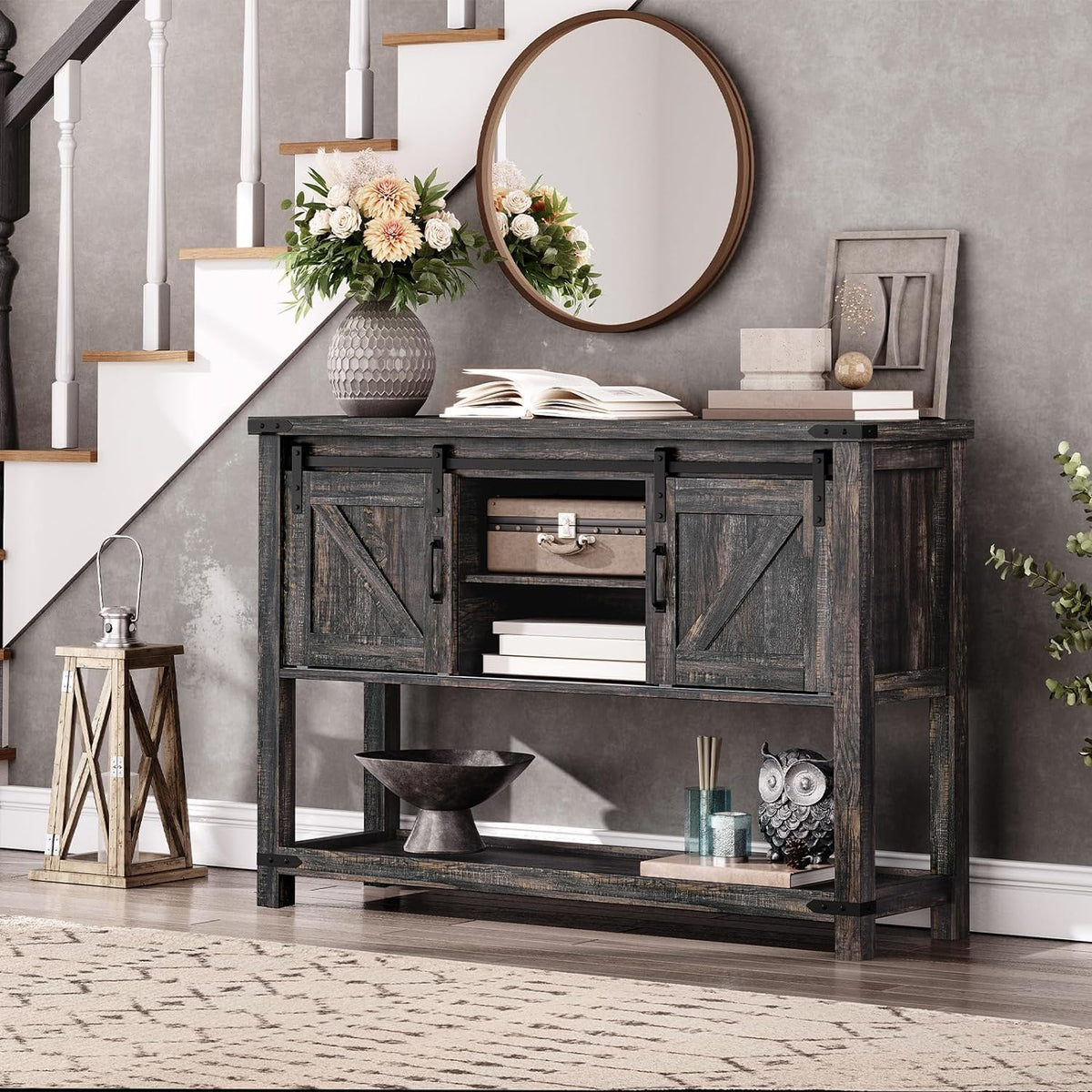 Vintage Gray Farmhouse Console Table with Sliding Barn Doors T17327