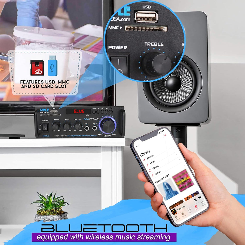 200W 2 Channel Bluetooth Stereo Power Amplifier with FM Radio, Pack of 2 V209