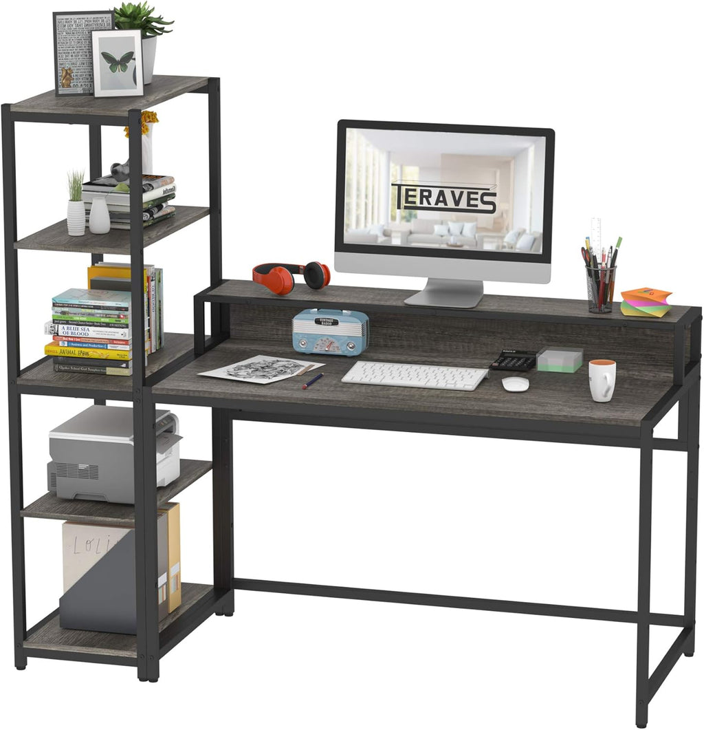 White Marbling Gold Frame 47 Inch Computer Desk with 5 Tier Shelves M879