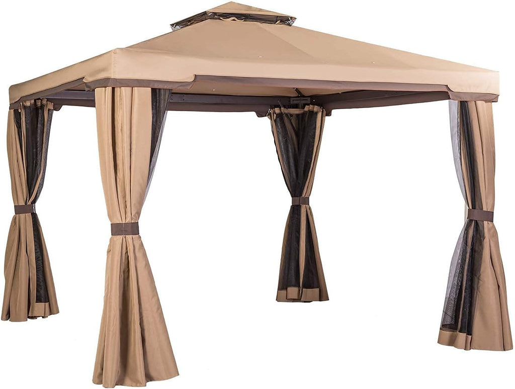 Beige 10 x 10 FT Outdoor Patio Gazebo with Mosquito Netting W12386
