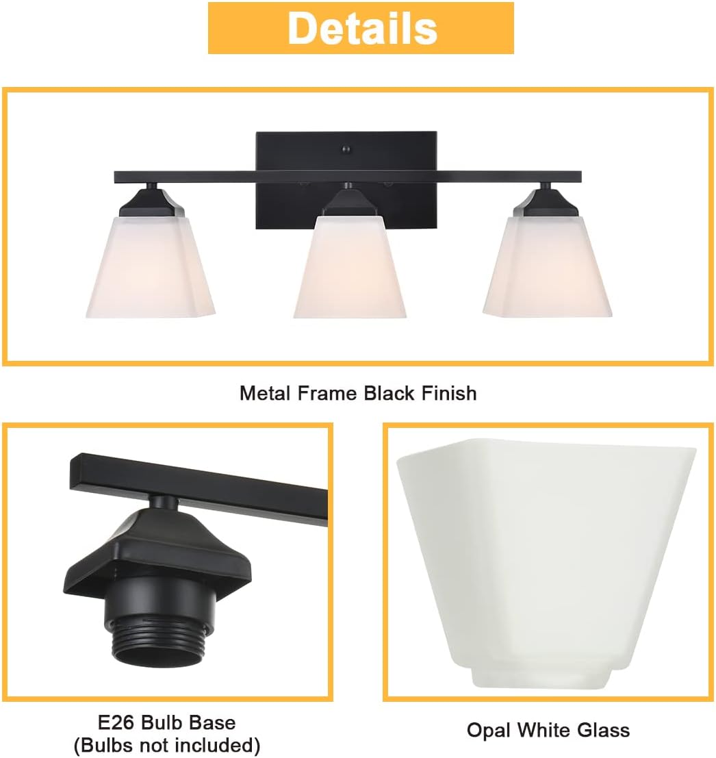 3 Light Black Bathroom Vanity Light Fixture with Opal White Glass Shade H6042