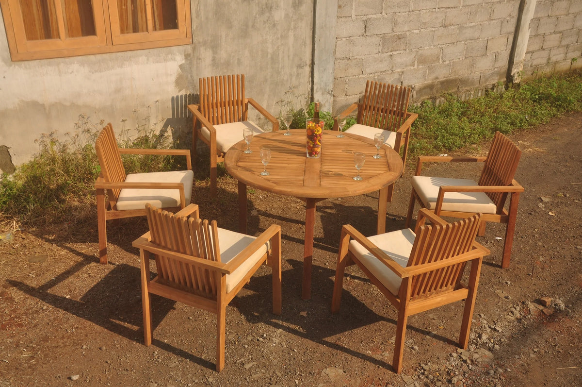 Teak 7 Pc 6 Seater Dining Set with 48" Round Table and 6 Stacking Arm Chairs Q203496