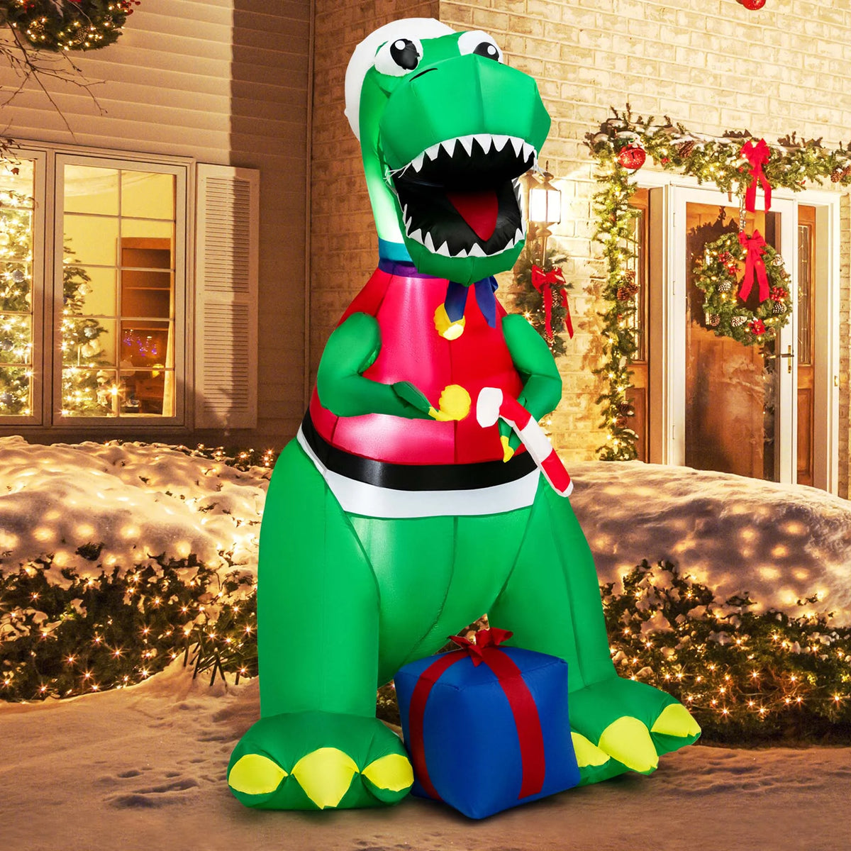 6FT Inflatable Christmas Dinosaur Decoration with LED Lights & Gift Box M74534