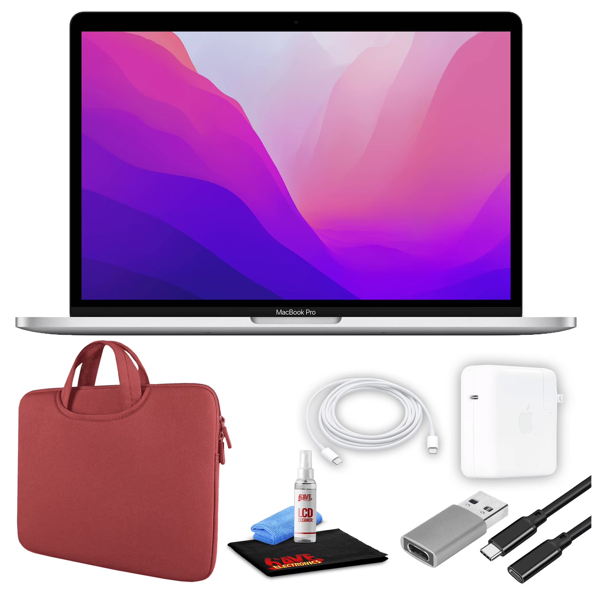 MacBook Pro 13" Laptop with Red Zipper Sleeve, USB-C Extension Cable, and Screen Cleaning Kit T169817
