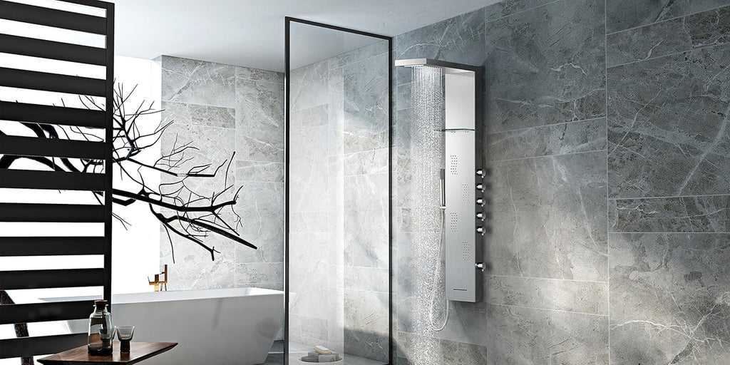 Brushed Nickle Stainless Steel Shower Panel Tower System with Rainfall Shower Head, 4 Body Jets, Waterfall Tub Spout A226