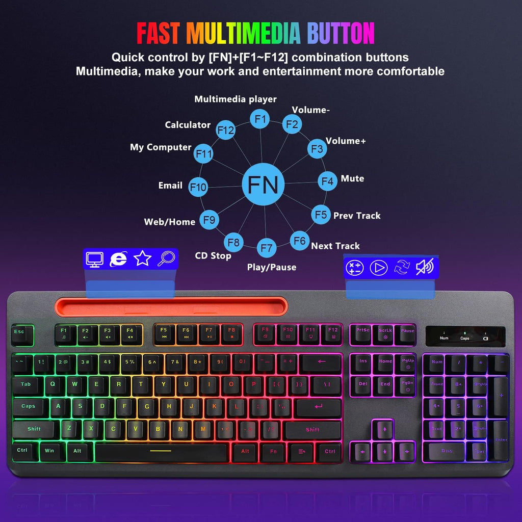 Wireless Gaming Keyboard and Mouse Combo, Rainbow Backlit Mechanical Feel, Anti-ghosting, Ergonomic Design, Tablet/Phone Bracket, Long Battery Life, Pack of 2 X6389