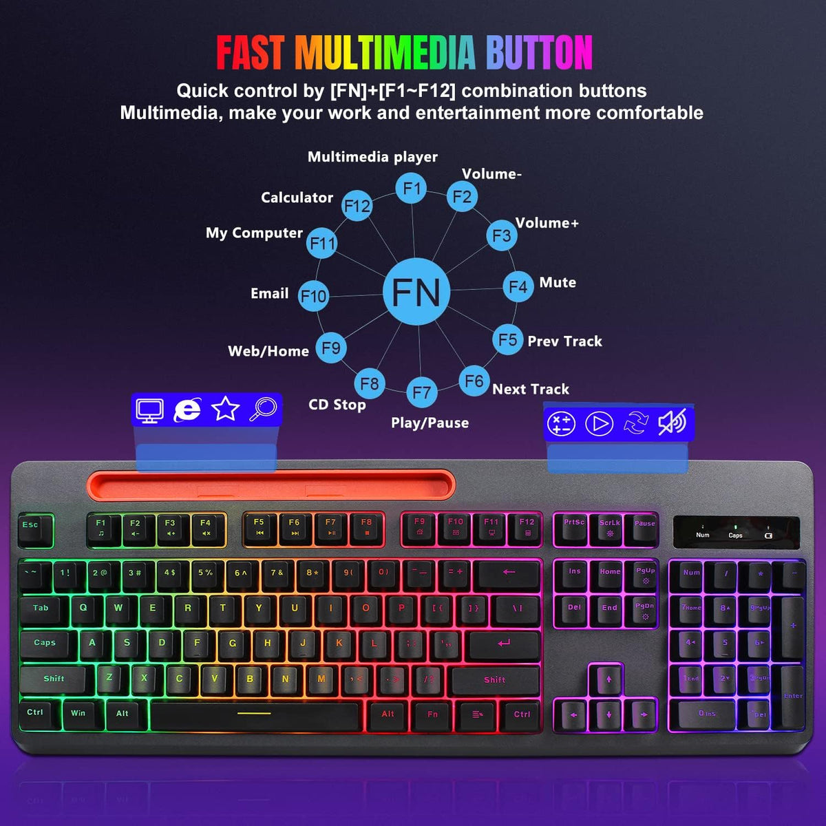 Wireless Gaming Keyboard and Mouse Combo, Rainbow Backlit Mechanical Feel, Anti-ghosting, Ergonomic Design, Tablet/Phone Bracket, Long Battery Life, Pack of 2 X6389