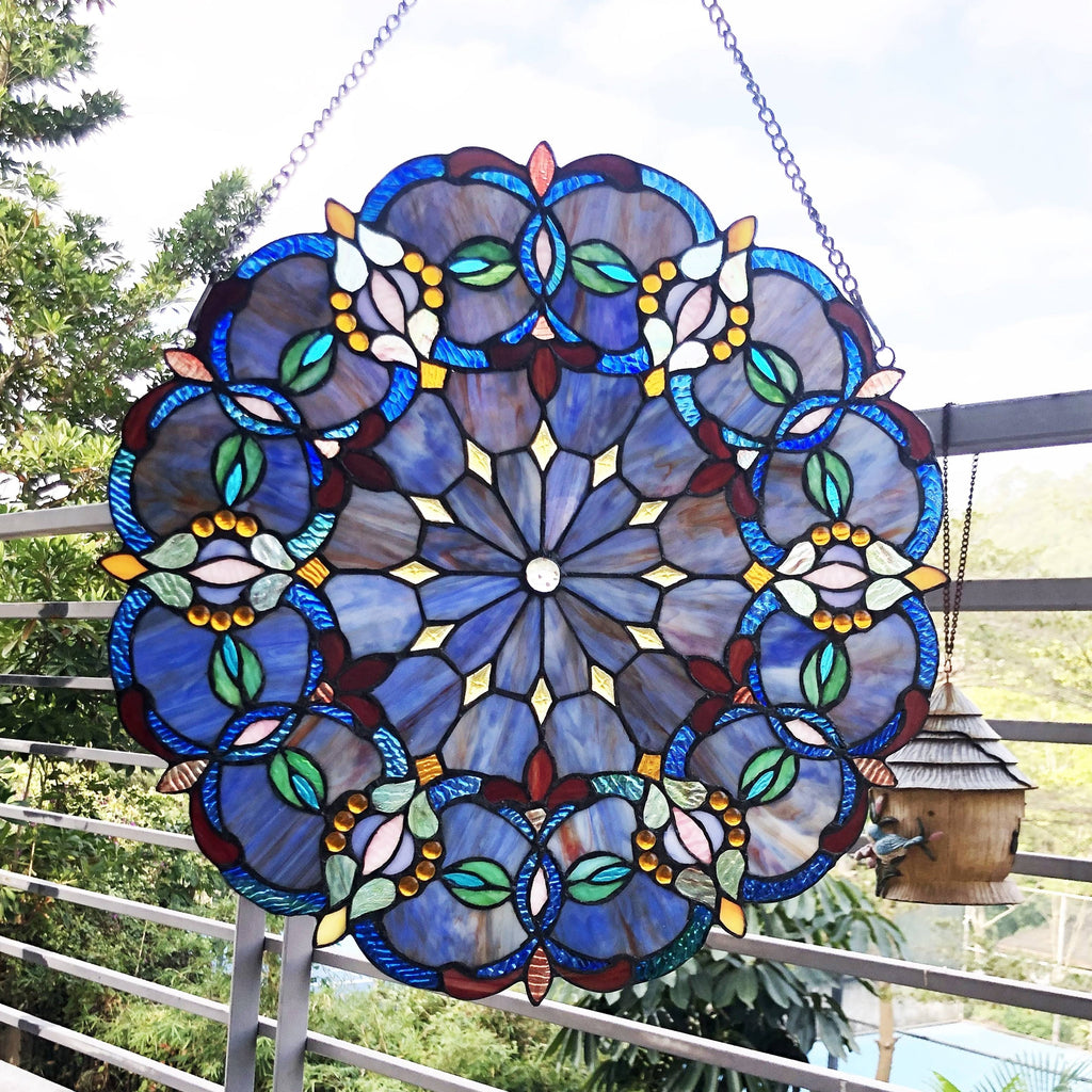 Blue Glass Window Panel Suncatcher with Multicolored Accents J2013