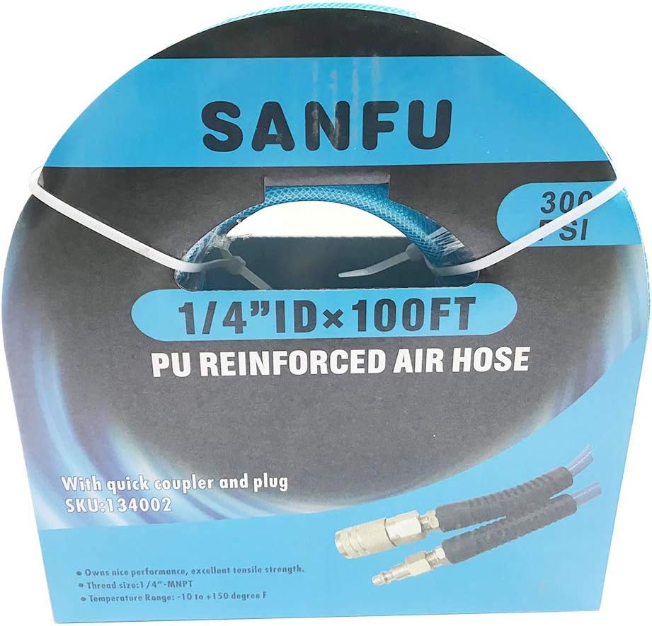 Transparent Blue 100ft Polyurethane Air Hose with 1/4" Swivel MNPT Solid Brass Quick Coupler and Plug, Pack of 2 Q5945