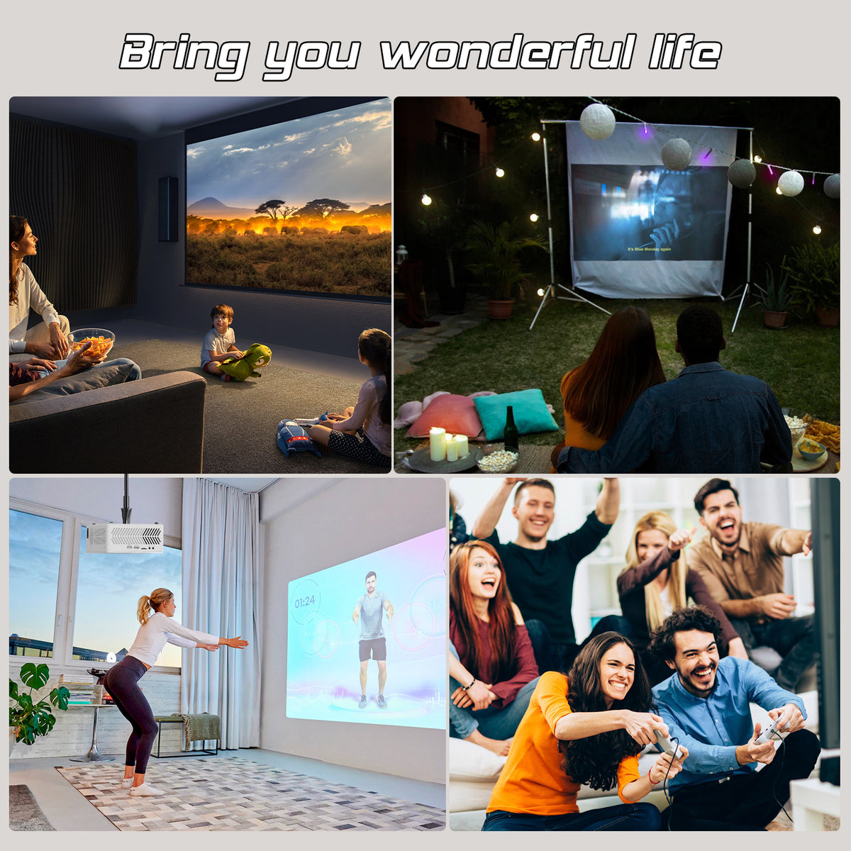 4K Supported Native 1080P Video Projector with 100" Screen R347